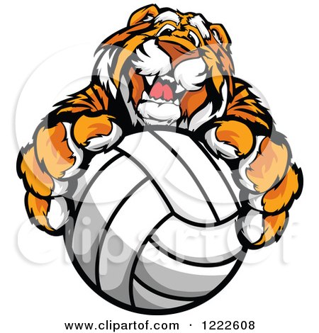 Clipart of a Friendly Tiger Mascot Holding out a Volleyball - Royalty Free Vector Illustration by Chromaco