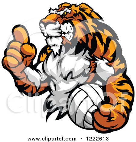 Clipart of a Victorious Tiger Champion Holding a Finger up and a Volleyball - Royalty Free Vector Illustration by Chromaco