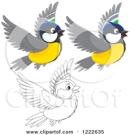 Clipart of Outlined and Colored Cute Titmouse Birds Flying - Royalty Free Vector Illustration by Alex Bannykh