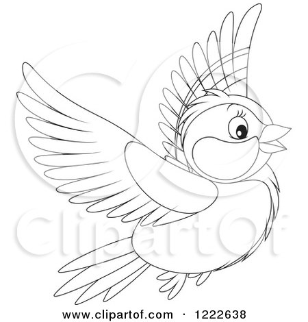 Clipart of an Outlined Cute Titmouse Bird Flying - Royalty Free Vector Illustration by Alex Bannykh