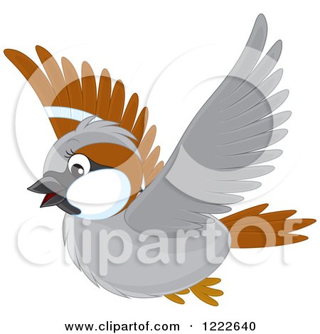 Clipart of a Cute Brown and Gray Sparrow Bird Flying - Royalty Free Vector Illustration by Alex Bannykh