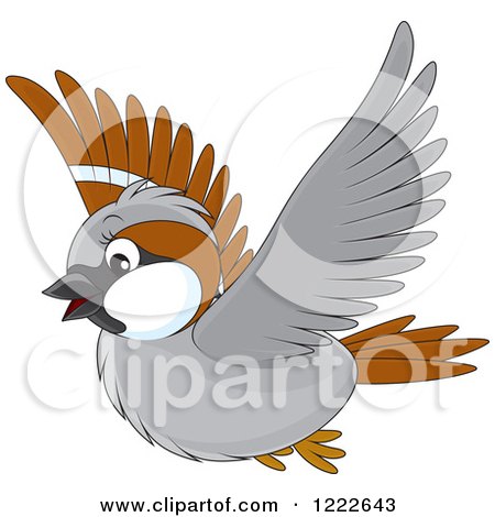 Clipart of a Cute Flying Brown and Gray Sparrow Bird - Royalty Free Vector Illustration by Alex Bannykh
