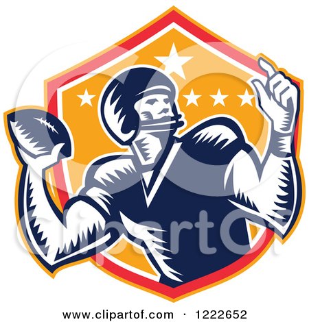 Clipart of a Gridiron American Football Player Throwing over a Red and Orange Shield - Royalty Free Vector Illustration by patrimonio