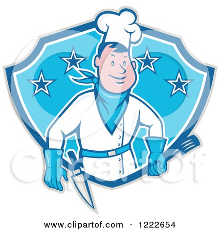 Clipart of a Cartoon Male Cowboy Chef with a Spatula and Knife in a Blue Shield of Stars - Royalty Free Vector Illustration by patrimonio