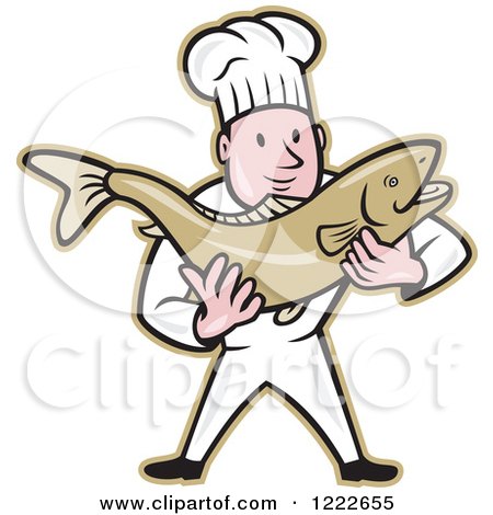 Clipart of a Cartoon Male Chef Holding a Trout Fish - Royalty Free Vector Illustration by patrimonio