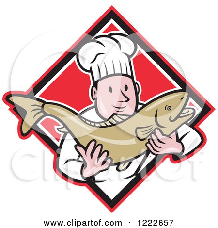 Clipart of a Cartoon Male Chef Holding a Trout Fish over a Red Diamond - Royalty Free Vector Illustration by patrimonio