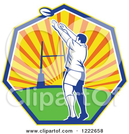 Clipart of a Retro Rugby Player Throwing Against a Sunset in a Heptagon - Royalty Free Vector Illustration by patrimonio