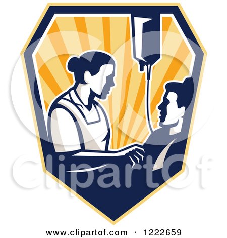 Clipart of a Retro Nurse Tending to a Patient with an Iv Drip in a Shield of Rays - Royalty Free Vector Illustration by patrimonio
