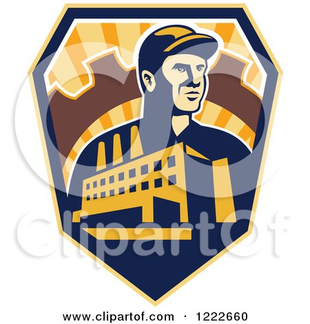 Clipart of a Retro Factory Worker Mechanic in a Gear with a Building and Road over a Sunny Shield - Royalty Free Vector Illustration by patrimonio