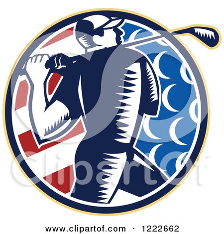Clipart of a Retro Woodcut Golfer in an American Flag Circle - Royalty Free Vector Illustration by patrimonio
