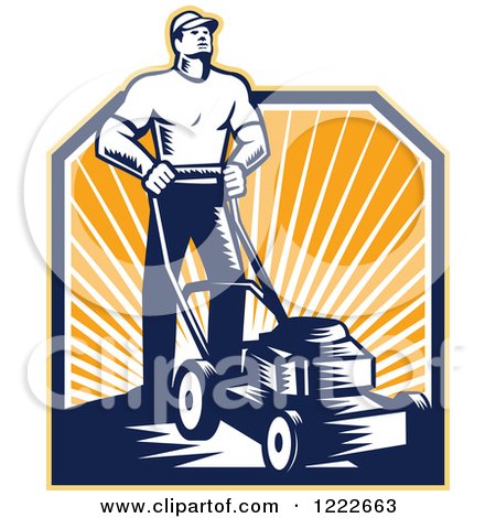 Clipart of a Retro Woodcut Gardener Man Mowing over Sunshine - Royalty Free Vector Illustration by patrimonio