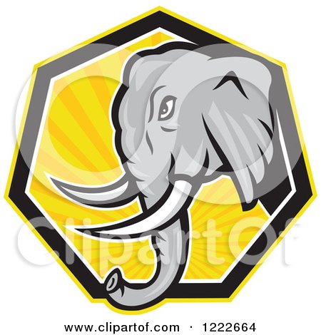 Clipart of a Gray Elephant Head over a Hexagon of Yellow Rays - Royalty Free Vector Illustration by patrimonio