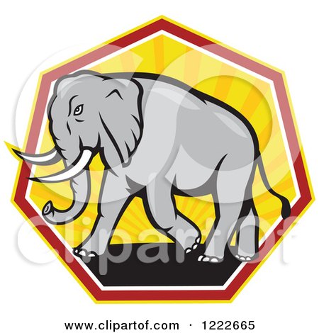 Clipart of a Gray Elephant Walking in a Hexagon of Yellow Rays - Royalty Free Vector Illustration by patrimonio