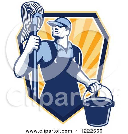 Clipart of a Retro Janitor Man with a Mop and Bucket Emerging Form a Shield of Rays - Royalty Free Vector Illustration by patrimonio