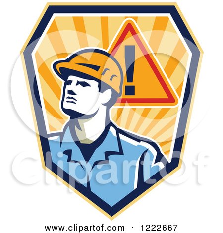 Clipart of a Retro Construction Worker Man with a Warning Sign over a Shield of Rays - Royalty Free Vector Illustration by patrimonio