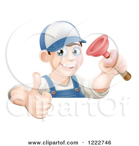 Clipart of a Happy Male Plumber Wearing a Hat, Holding a Thumb up and Plunger - Royalty Free Vector Illustration by AtStockIllustration