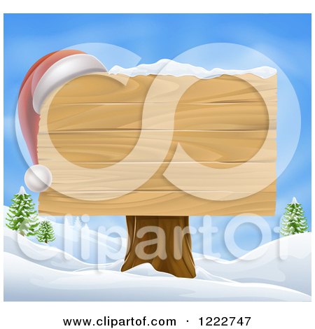 Clipart of a Wooden Christmas Sign with a Santa Hat in a Winter Landscape over Blue Sky - Royalty Free Vector Illustration by AtStockIllustration
