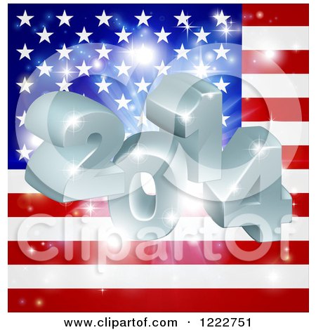Clipart of a 3d 2014 and Fireworks over an American Flag - Royalty Free Vector Illustration by AtStockIllustration