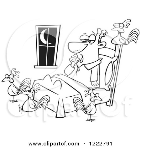Clipart of a Black and White Tired Man with Chickens Around His Bed - Royalty Free Vector Illustration by toonaday