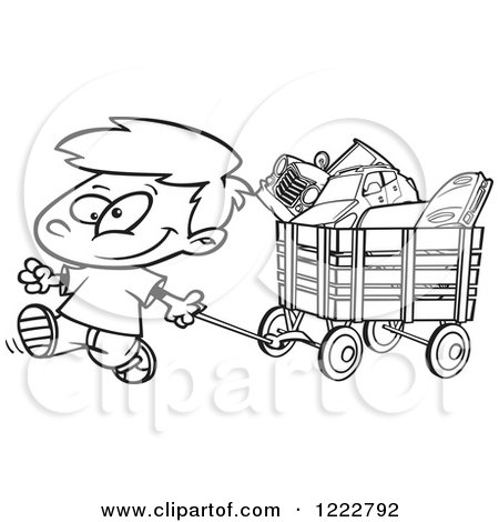 Clipart of a Black and White Happy Little Boy Pulling a Wagon Full of Toys - Royalty Free Vector Illustration by toonaday