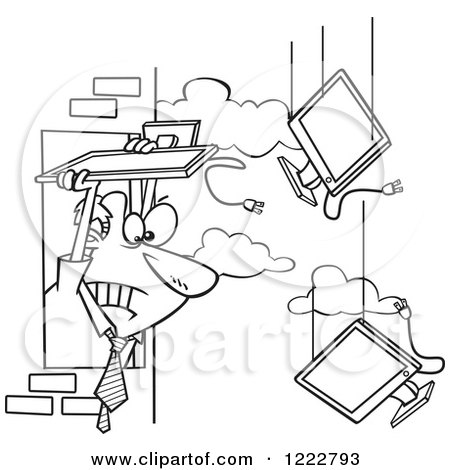Clipart of a Black and White Businessman Throwing Old Monitors out an Office Window - Royalty Free Vector Illustration by toonaday
