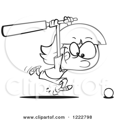 Clipart of a Black and White Sporty Cricket Girl Chasing a Ball with a Bat - Royalty Free Vector Illustration by toonaday