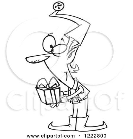 Clipart of a Black and White Christmas Elf Holding out a Gift - Royalty Free Vector Illustration by toonaday