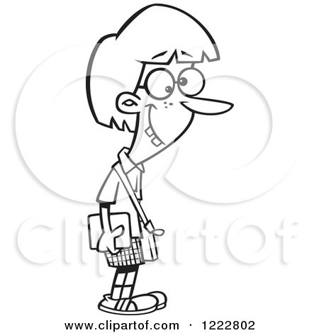 Clipart of a Black and White Geek Girl Carrying a Tablet Computer - Royalty Free Vector Illustration by toonaday