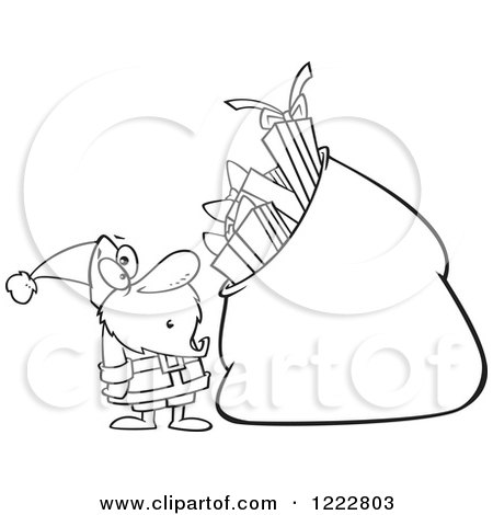 Clipart of a Black and White Santa Staring at a Giant Sack Full of Gifts - Royalty Free Vector Illustration by toonaday
