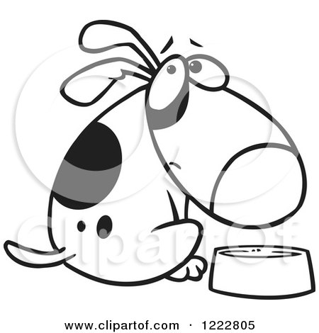 Clipart of a Black and White Hungry Dog Looking over His Shoulder by a Dish - Royalty Free Vector Illustration by toonaday