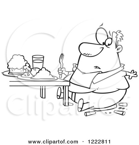 Clipart of a Black and White Fat Man on a Broken Chair at a Table - Royalty Free Vector Illustration by toonaday
