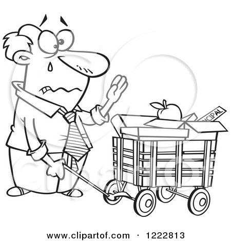 Clipart of a Black and White Retiring Businessman with All of His Belongings in a Wagon - Royalty Free Vector Illustration by toonaday