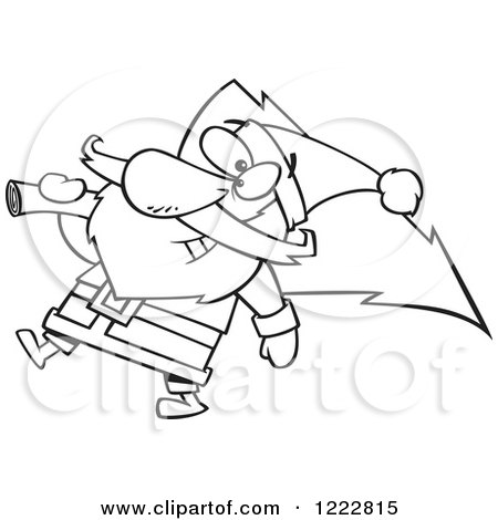Clipart of a Black and White Santa Carrying a Christmas Tree - Royalty Free Vector Illustration by toonaday