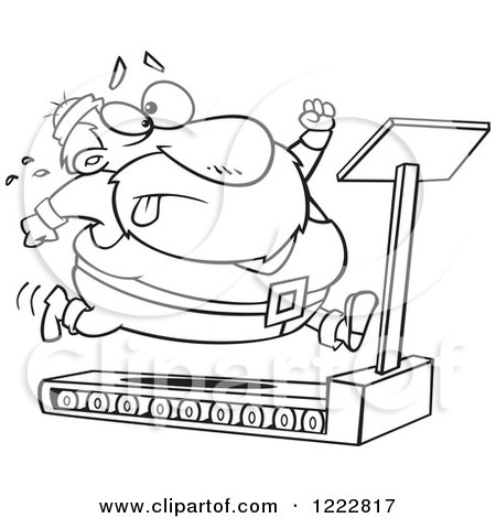Clipart of a Black and White Santa Trying to Run and Lose Weight on a Treadmill - Royalty Free Vector Illustration by toonaday