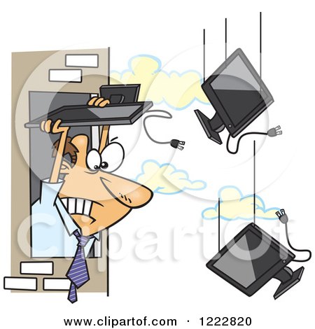 Clipart of a Caucasian Businessman Throwing Old Monitors out an Office Window - Royalty Free Vector Illustration by toonaday