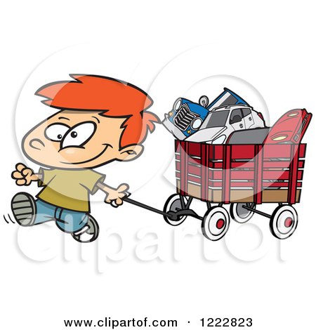 Clipart of a Happy Little Boy Pulling a Wagon Full of Toys - Royalty Free Vector Illustration by toonaday