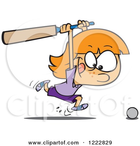 Clipart of a Sporty Cricket Girl Chasing a Ball with a Bat - Royalty Free Vector Illustration by toonaday