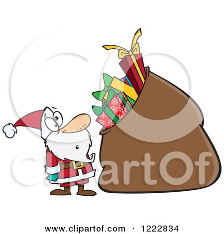 Clipart of Santa Staring at a Giant Sack Full of Gifts - Royalty Free Vector Illustration by toonaday