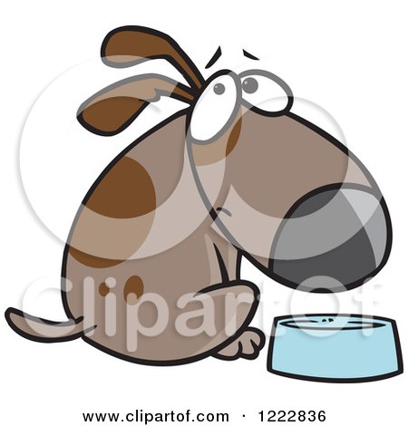 Clipart of a Hungry Brown Dog Looking over His Shoulder by a Dish - Royalty Free Vector Illustration by toonaday