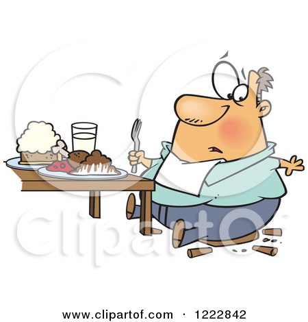 Clipart of a Fat Caucasian Man on a Broken Chair at a Table - Royalty Free Vector Illustration by toonaday