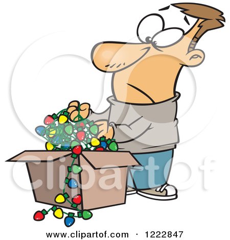 Clipart of a Caucasian Man Holding a Tangled Mess of Christmas Lights - Royalty Free Vector Illustration by toonaday