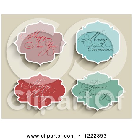 Clipart of Holiday Greeting Labels on Tan - Royalty Free Vector Illustration by KJ Pargeter