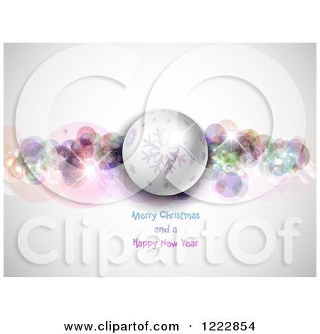 Clipart of a Merry Christmas and a Happy New Year Greeting Witha Bauble and Colorful Bubbles - Royalty Free Vector Illustration by KJ Pargeter