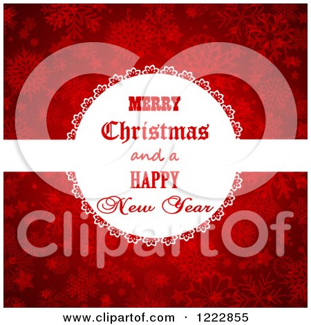 Clipart of a Merry Christmas and a Happy New Year Greeting over Red Snowflakes - Royalty Free Vector Illustration by KJ Pargeter