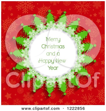 Clipart of a Merry Christmas and a Happy New Year Greeting in a Tree Globe over Red Snowflakes - Royalty Free Vector Illustration by KJ Pargeter