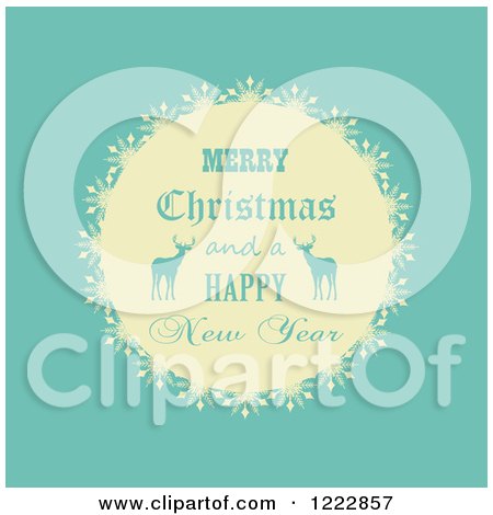 Clipart of a Retro Merry Christmas and a Happy New Year Greeting with Reindeer over Turquoise - Royalty Free Vector Illustration by KJ Pargeter