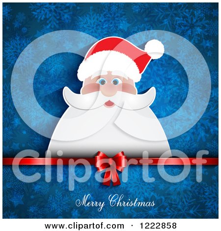 Clipart of a Merry Christmas Greeting with a Red Bow and Ribbon Under Santa over Blue Snowflakes - Royalty Free Vector Illustration by KJ Pargeter