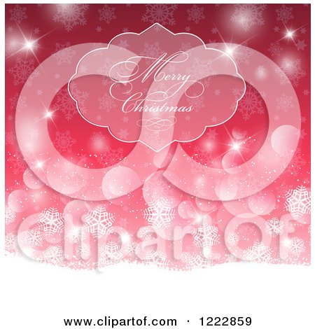 Clipart of a Gradient Red and Pink Merry Christmas Greeting over Flares Stars Bokeh and Snowflakes - Royalty Free Vector Illustration by KJ Pargeter