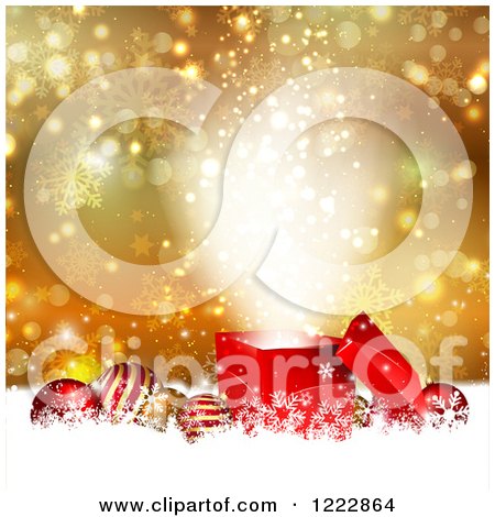 Clipart of a Christmas Background of Baubles and a Magic Gift over Gold Flares Stars and Snowflakes - Royalty Free Vector Illustration by KJ Pargeter
