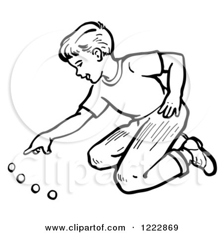 Clipart of a Retro Boy Playing with Marbles in Black and White - Royalty Free Vector Illustration by Picsburg